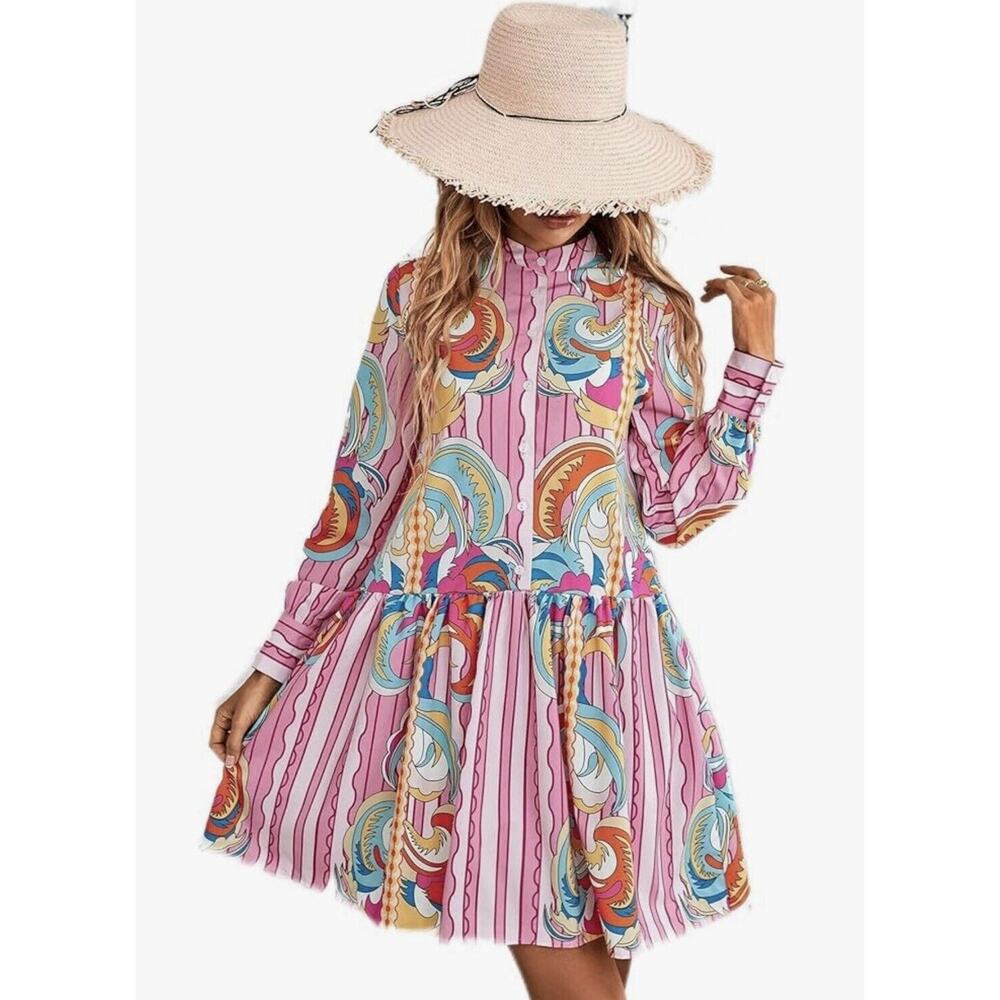 Striped and Scroll Print Half Button Smock Dress … - image 2